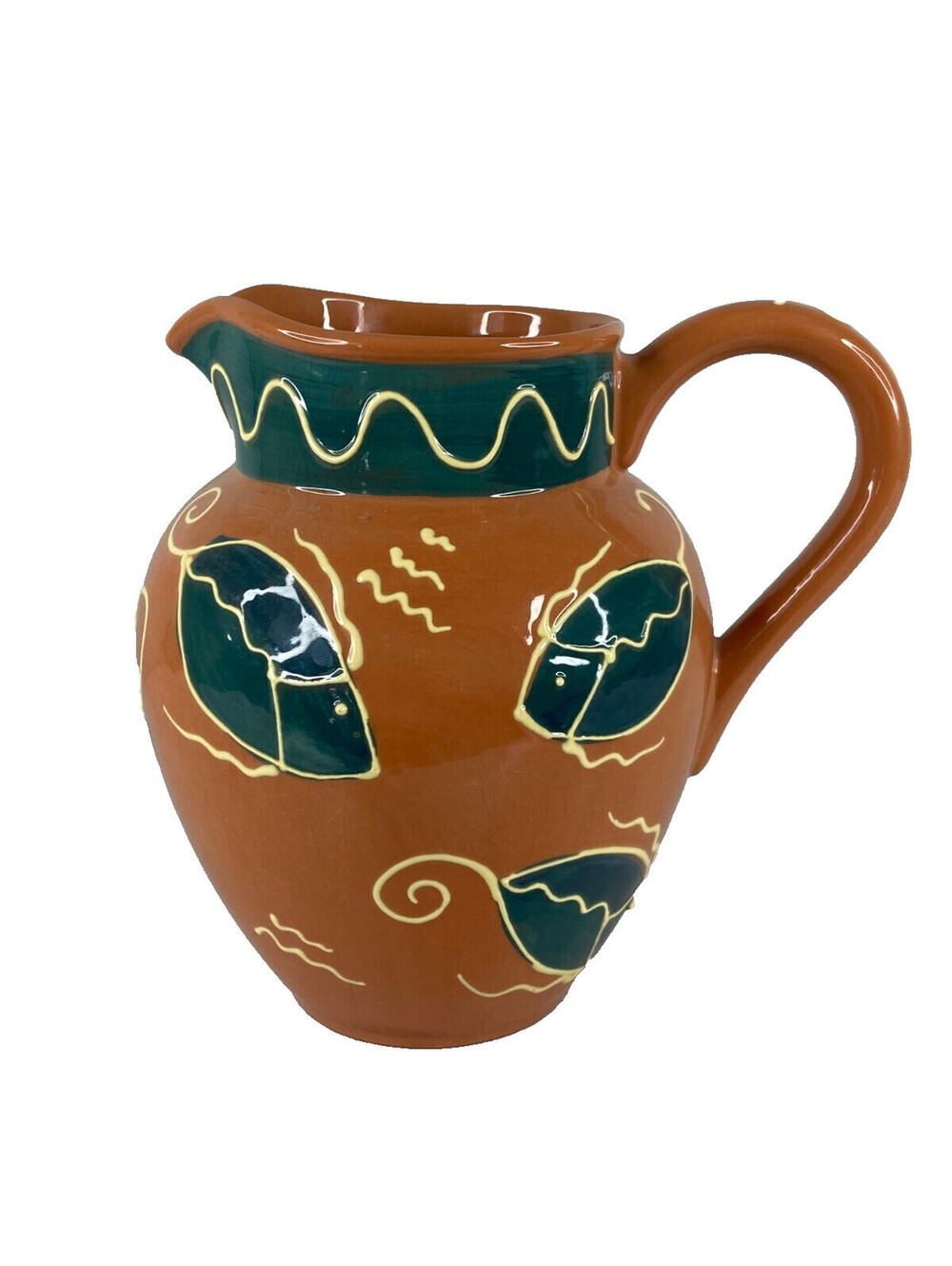 Dansk Portugal Fish Themed Pitcher Terracotta Green Pottery With Crazing